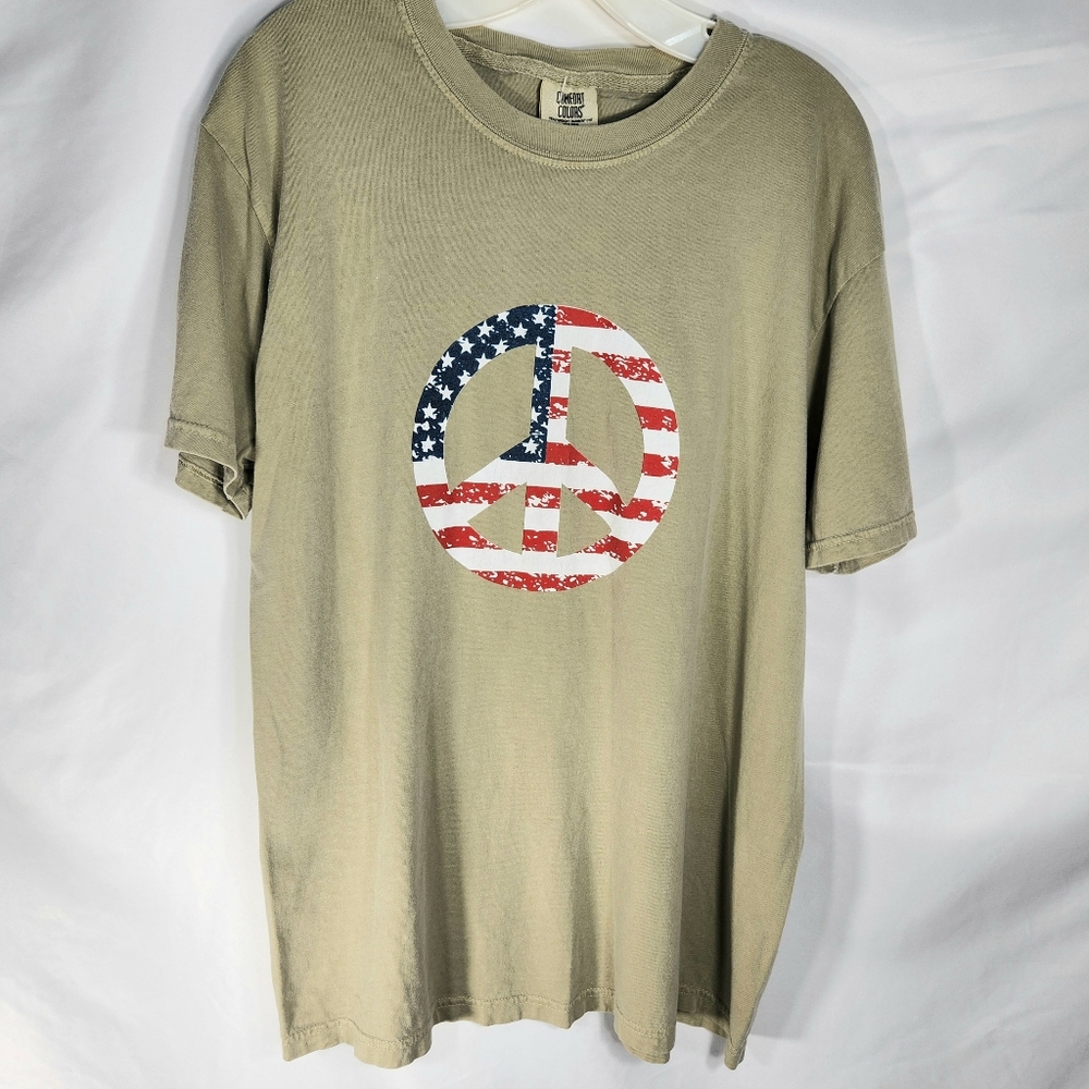 Comfort Colors Green/Grey Short Sleeve Tee Shirt American Flag Peace Sign Large